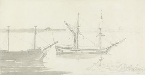 Thomas Daniell Two Moored Ships and a Fishing Boat