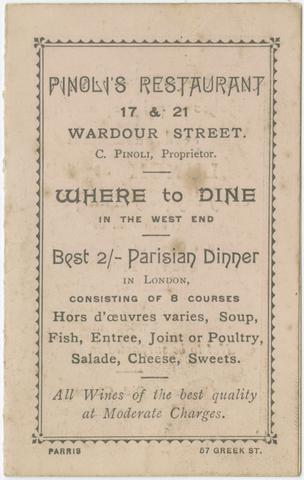 Pinoli's Restaurant, creator. [Advertisement for Pinoli's Restaurant, London].