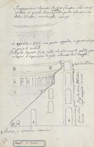 James Bruce Sketch of Amphitheatre at El Djem showing elevation and section of arches and tiers of seats with descriptive notes
