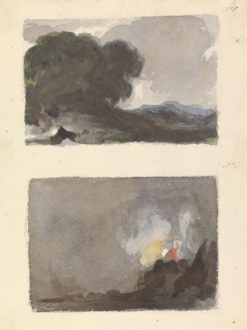 Thomas Sully Two Drawings on One Sheet: Landscape With Tree in Foreground and Mountains in Distance - Hobbema and Ruysdael's Principle (no. 5); Figure in interior Scene - Teniers and Ostade's Principle (no. 6)