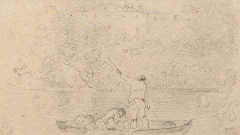 Capt. Thomas Hastings Sketch of Two Men in a Boat and a House on the Shore