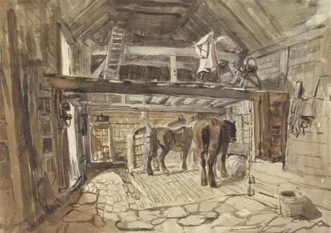 William Burgess Interior of a Stable, with Tow Horses Feeding