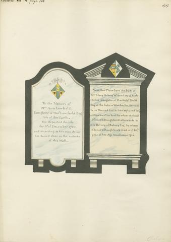 Daniel Lysons Memorial to Mrs. Anne Lowfield and Mrs. Anne Bolney from Chelsea Church