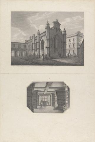 unknown artist View of Peterhouse Chapel and New Buildings on the Eastern Court, Below on same sheet; Inside the Library at Peterhouse