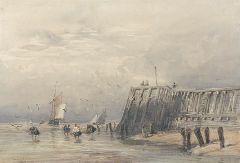 David Cox Sailing Barges and Shrimpers off a Pier