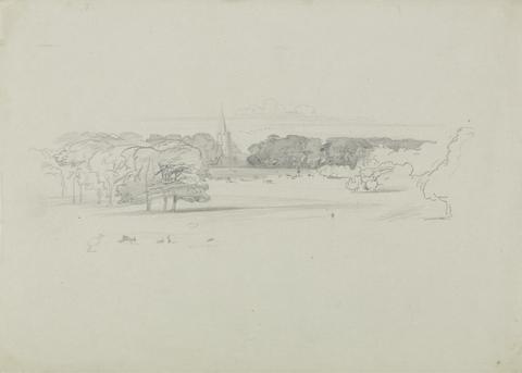 Edward Lear View Across a Meadow to a Church