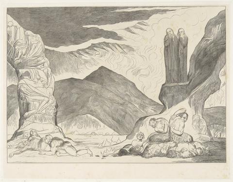 William Blake Pl. 6: The Pit of Disease ['...Then two I mark'd that sat Propp'd 'gainst each other,' Hell; Canto xxix. line 71.]