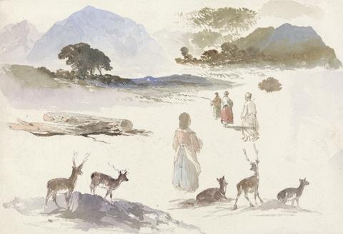 Aaron Edwin Penley Sheet of Studies of Deer, Figures and Landscape