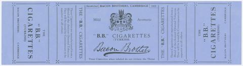 Bacon Brothers (Cambridge, England), creator. [Label for Bacon Brothers "B.B." cigarettes (Turkish)]