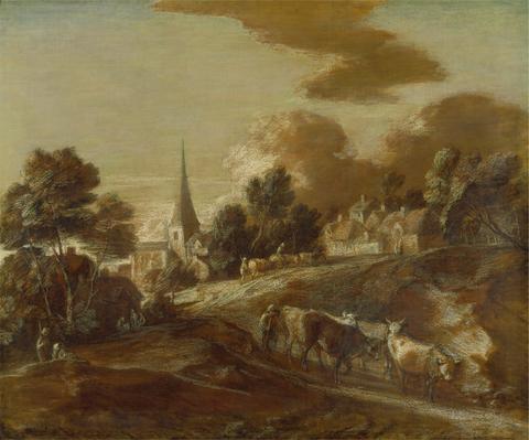 Thomas Gainsborough An Imaginary Wooded Village with Drovers and Cattle