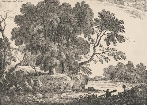 Richard Cooper the Elder Landscape with group of trees surrounded by water, cottage on left, woman seated right foreground