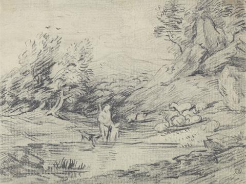 unknown artist Man, Child, Dog and Sheep Beside a Rocky Stream