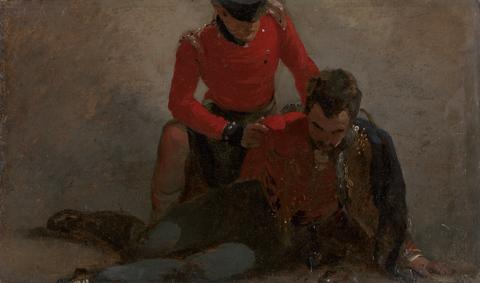 George Jones A 42nd Highlander Attending a General of the 7th Hussars, possibly Henry William Bayly, first earl of Uxbridge, later first Marquess of Anglesey: a study for 'The Battle of Waterloo'