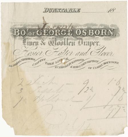 Osborn, Joseph (Draper) [Billhead recording cloth purchases from Joseph Osborn, linen and woollen draper, Dunstable].