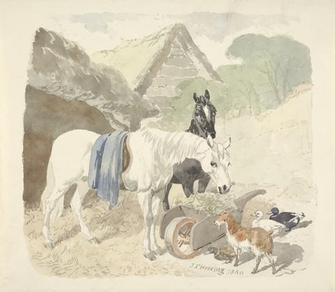 John Frederick Herring Two Horses Eating From a Wheel-Barrow Watched by a Goat and Three Ducks