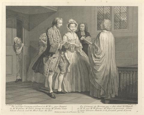 Guillaume Philippe Benoist The Marriage Ceremony performed in Mr. B.'s own Chappel by Mr. Williams, Mr. Peters giving her away, Mrs. Jewkes waits behind Pamela and the Maid keeps the door