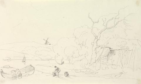 Capt. Thomas Hastings Sketch of a Cottage by the River with a Windmill in the Distance
