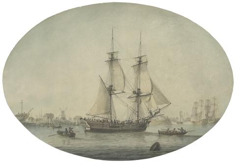 Samuel Atkins A Trading Brig Preparing to Set Sail on the Thames, Warships Running Down the Estuary Beyond