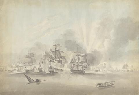 Joseph Cartwright Battle Scene: Battleships, Frigates and Corvettes; Sinking Boat and Rowboat