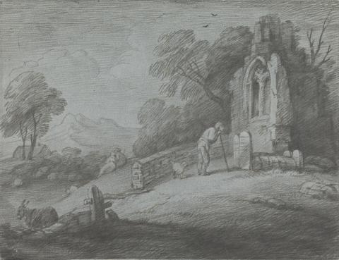 Thomas Gainsborough Wooded Landscape with Peasant Reading Tombstone, Rustic Lovers and Ruined Church