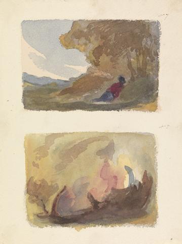 Thomas Sully Two Drawings on One Sheet: Landscape with Figure Reclining Against Hill - Titian and Venetian School (no. 7); Landscape - Variety of Watercolor Washes (no. 8)
