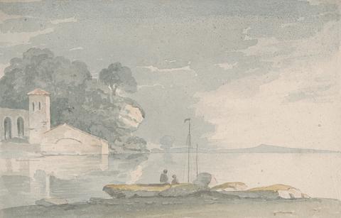 John Baverstock Knight Boat and Figures on Shore of a Lake