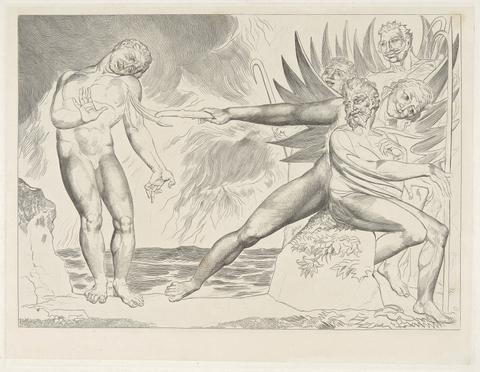 William Blake Pl. 2: Ciampolo Tormented by the Devils ['...seiz'd on his arm, / And mangled bore away the sinewy part.' Hell; Canto xxii. line 70.]