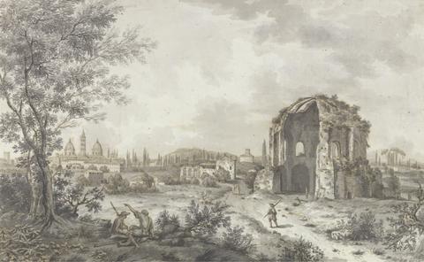 unknown artist Views in the Levant: Landscape with Travellers Resting under Tree, Temple of Minerva, Medici, Rome