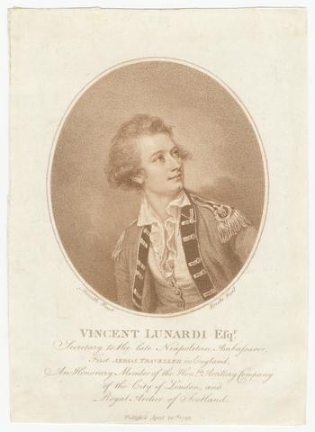 Vincent Lunardi Esqr., : secretary to the late Neapolitan ambassador, first aerial traveller in England : an honorary member of the Honble. Artillery Company of the City of London and Royal Archer of Scotland / Nesmith, pinxt. ; Burke, fecit.