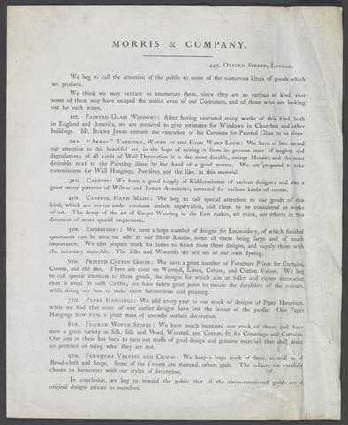 Morris & Company : 449, Oxford Street, London : we beg to call the attention of the public to some of the numerous kinds of goods which we produce.