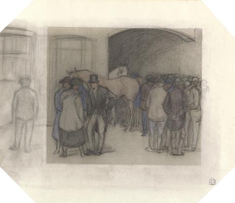 Robert Polhill Bevan A Morning at Tattersalls (with further sketches in left margin folded over)