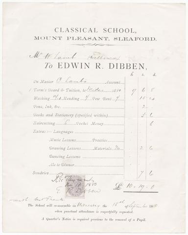 Classical School (Mount Pleasant, Sleaford, England), creator. Bill for school expenses for C. Lamb, to be paid to Edwin R. Dibben, Classical School, Mount Pleasant, Sleaford.