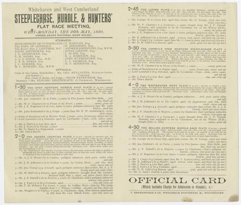 Whitehaven and West Cumberland steeplechase, hurdle, & hunters' flat race meeting : Whit-Monday, the 26th, May, 1890 : (under Grand National Hunt rules.).