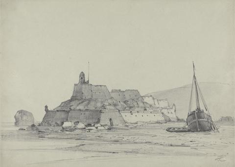 John Callow Coast Scene with Castle and Beached Fishing Vessel