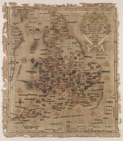 Harvey, Maria Ann, 1797-1893, creator. The map of England and Wales with part of Scotland, France and Ireland, worked by Maria Harvey in the ninth year of age.