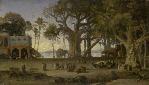 Auguste Borget Moonlit Scene of Indian Figures and Elephants among Banyan Trees, Upper India (probably Lucknow)