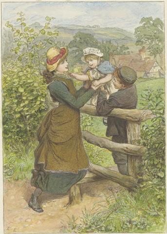 unknown artist Young Mother, Baby Girl and Boy Beside a Country Fence