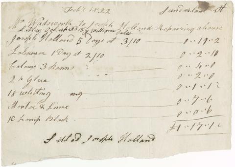  Bill for house repairs provided to Mr. Wadsworth, 1822.