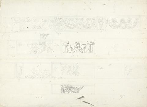 James Bruce No. 18 drawings of ornamental detail of friezes and verso: the entablature and plan of a temple at Baalbec or Palmyra