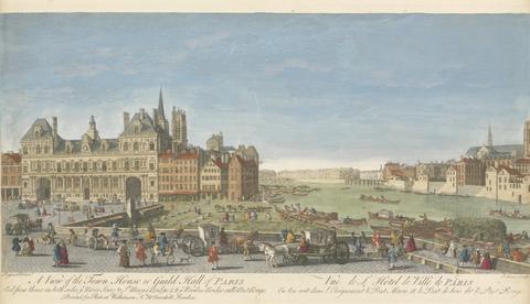 J. Couse A View of the Town House or Guild Hall of Paris And from thence on both sides ye River Seine to St. Mary's Bridge & to ye Wooden Bridge call'd Pont Rouge
