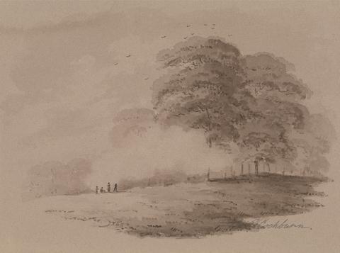James Pattison Cockburn Group of Figures Round a Distant Bonfire in a Wood
