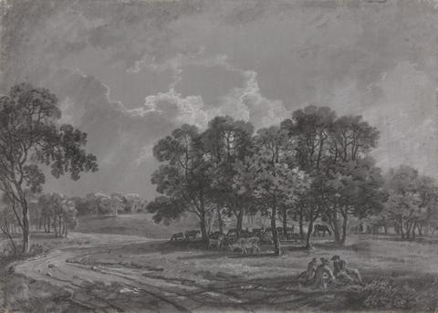 George Barret RA Park Scene with Deer, Cattle, and a Group of Figures