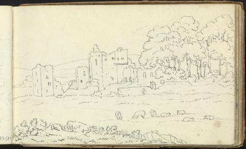 Thomas Bradshaw Album of Landscape and Figure Studies: Sketch of Castle Ruins with Cows Grazing in the foreground