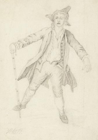 Henry William Bunbury A Dishevelled Man Grimacing and Walking Awkwardly with a Cane: full length