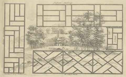George Bickham Architectural Designs incorporating Chinoiserie motifs: Japan Railing. A Hatch. An Obtuce Paling. Parallelgram Railing..