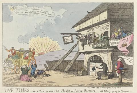 James Gillray The Times - or a View of the Old House in Little Brittain - with Nobody Giving to Hannover