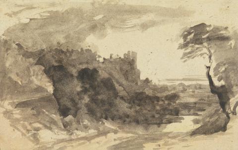 John Varley Romatic Landscape with a Castle and a Tree on the Right