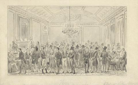 Robert Isaac Cruikshank Wash proofs to accompany Westmacott's "The English Spy": The Great Subscription Room at Brooks's or Opposition Members engaged upon Hazardous Points