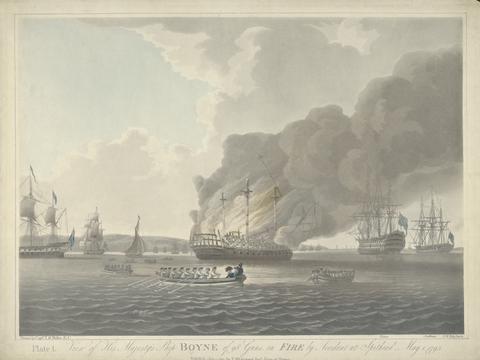 John William Edye View of His Majesty's Ship Boyne of 98 Guns, on Fire by Accident at Spithead, May 1, 1795