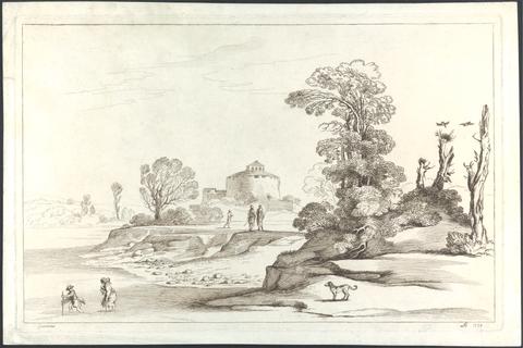 Louisa Augusta Greville Two People Fording a River, Dog on Riverbank, Round Building in Middle Distance